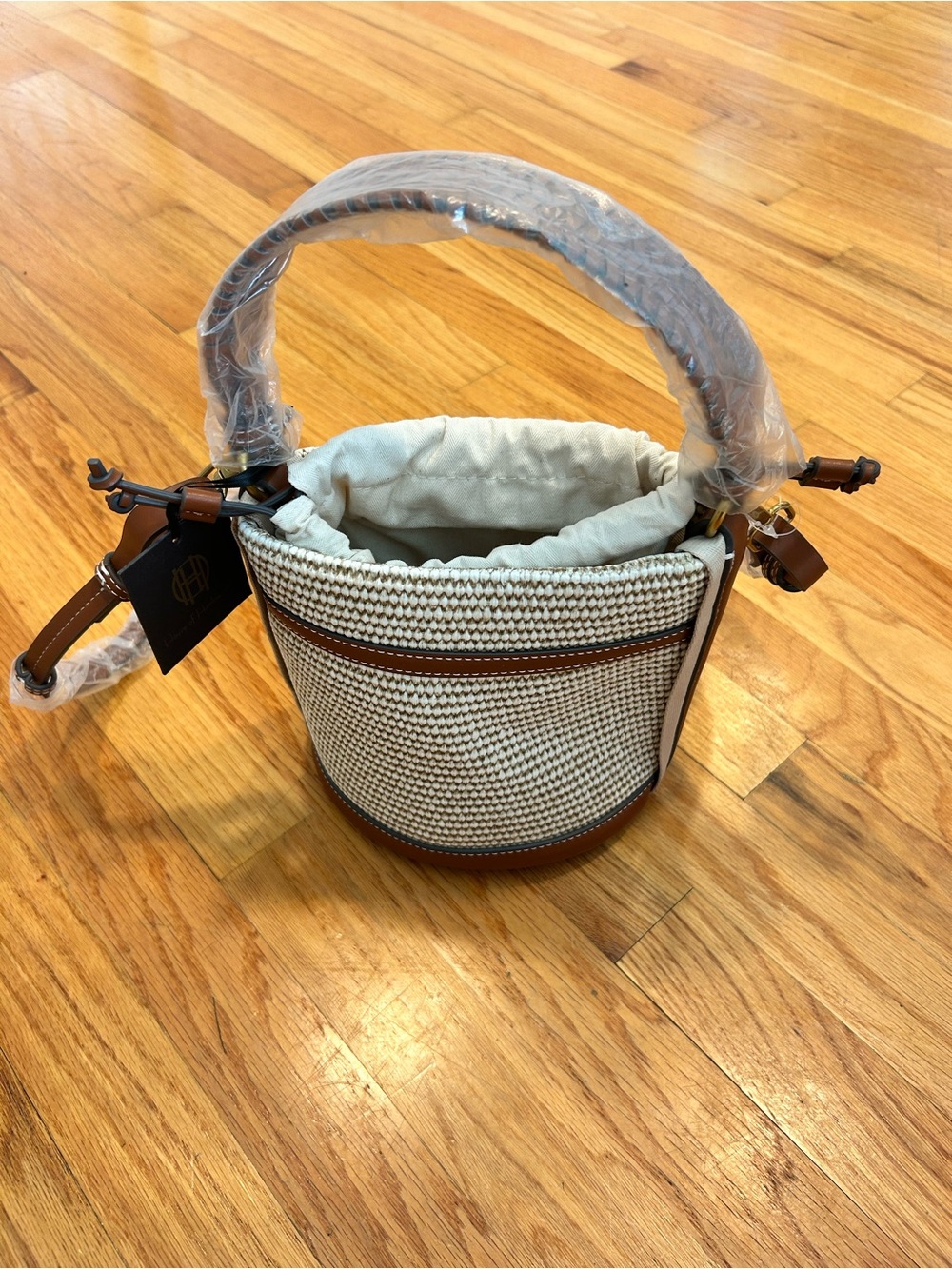 House of Harlow 1960 Woven Bucket Bag in Cream and Brown Trim